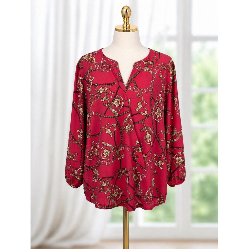 Alyx Womens Size 2X Faux Wrap Popover Blouse Top Pink Gold Chain Print
